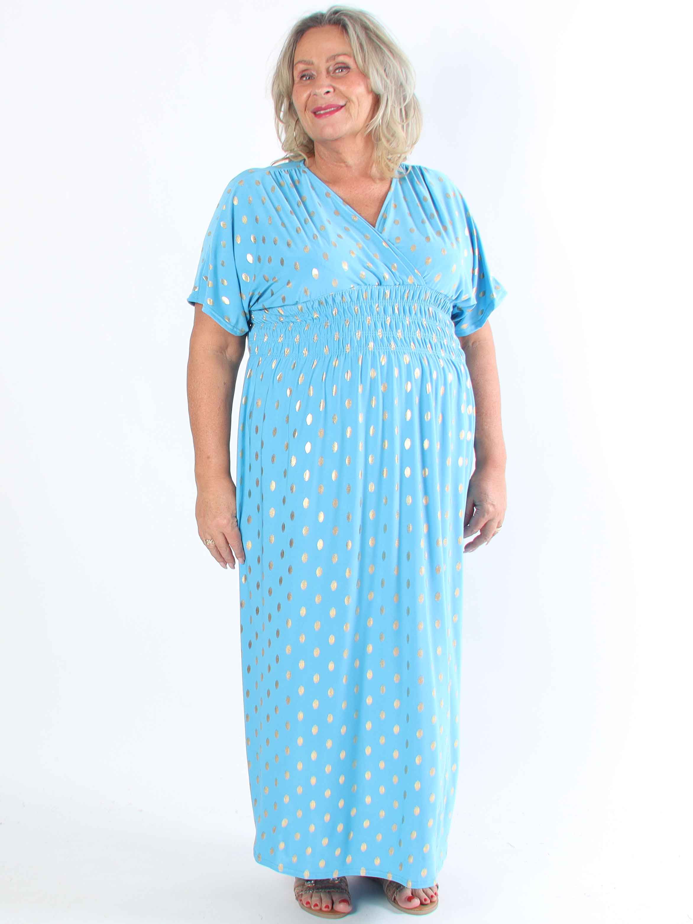 Pams Dot - Lang elastisk plus size kjole med prikket detaljer